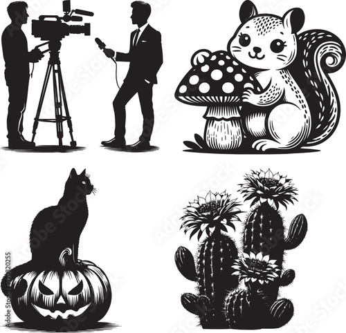 A collage of black and white illustrations featuring animals, plants, and people