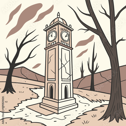 A vintage style illustration of a clock tower in a desolate landscape with bare trees
