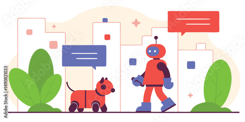 Friendly robot and robotic dog walking in a modern cityscape with speech bubbles