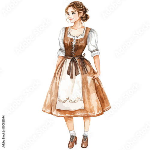 A Delicate Watercolor Portrait of a Woman in Traditional Bavarian Dress