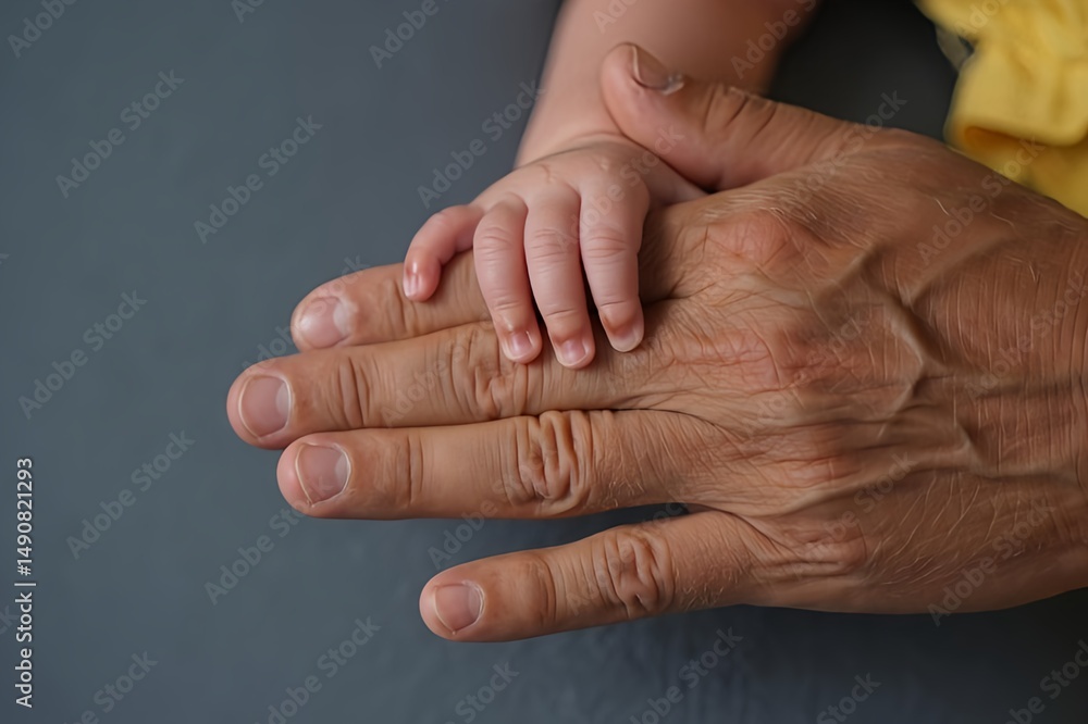 Fototapeta premium Tender newborn baby hand held by elderly hand symbolizing love generational connection and family