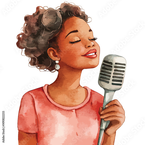 A Joyful African Woman Singing into a Vintage Microphone