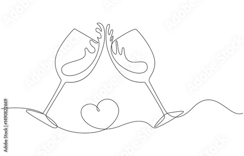 Creative sparkling wine glass, continuous lines vector banner.wine glass, one line drawing