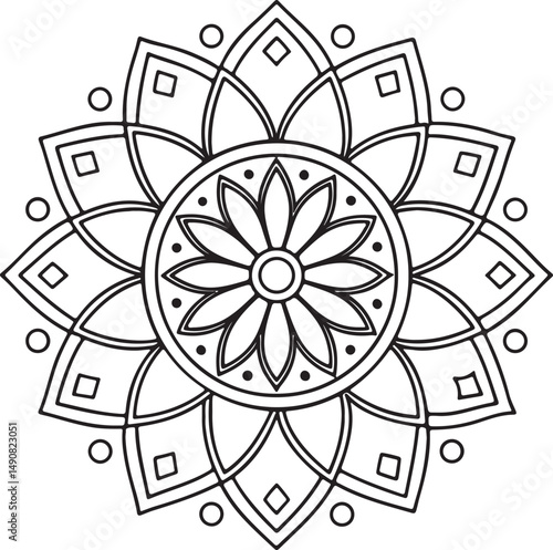 Floral Mandala Drawing – Line Art for Adult Coloring Books