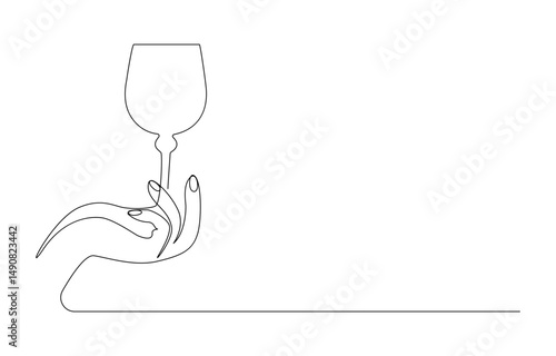 Creative sparkling wine glass, continuous lines vector banner.wine glass, one line drawing