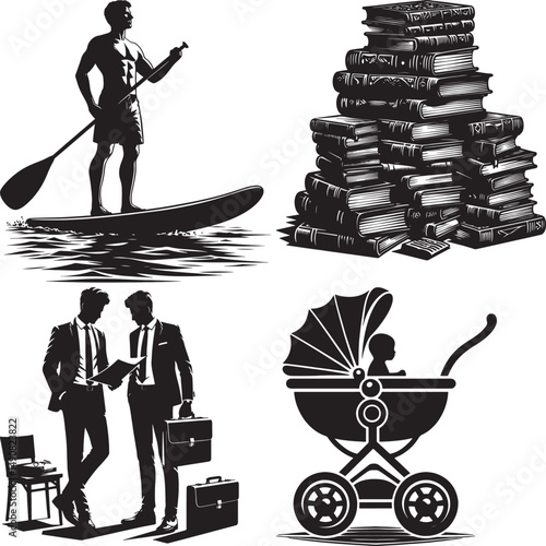 A collage of a man paddleboarding, a stack of books, businessmen, and a stroller