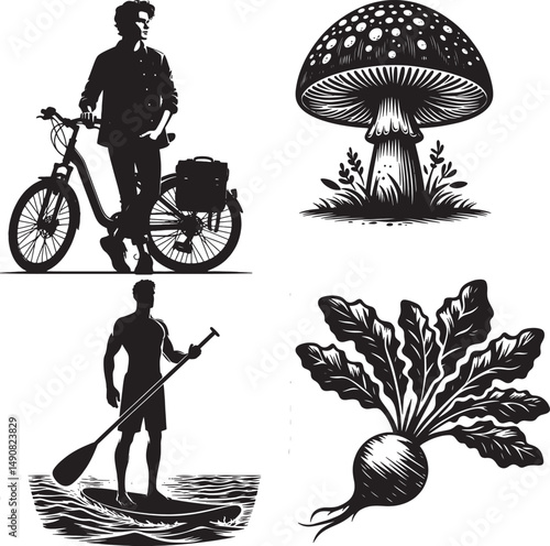 A collection of black and white illustrations featuring a cyclist, mushroom, paddleboarder