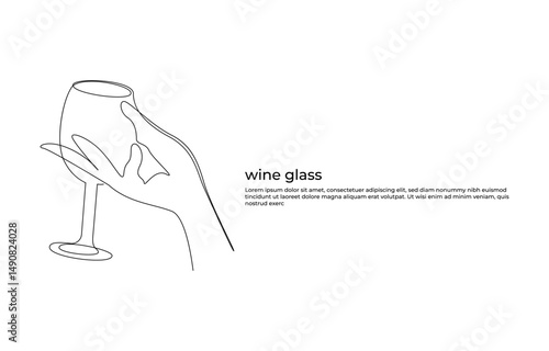 Creative sparkling wine glass, continuous lines vector banner.wine glass, one line drawing