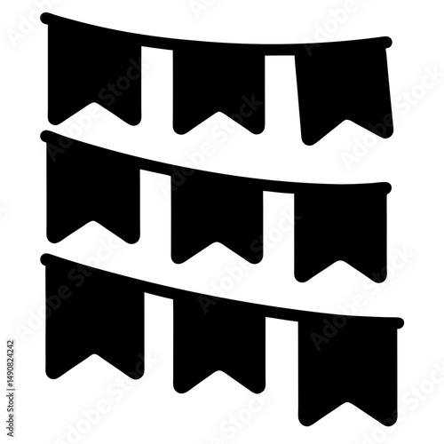 Black and white graphic of three rows of hanging flag banners
