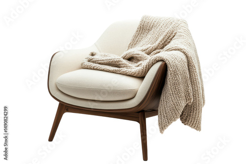 Envision cozy evenings A creamy chair draped with a warm knit blanket inviting relaxation and isolated on transparent background