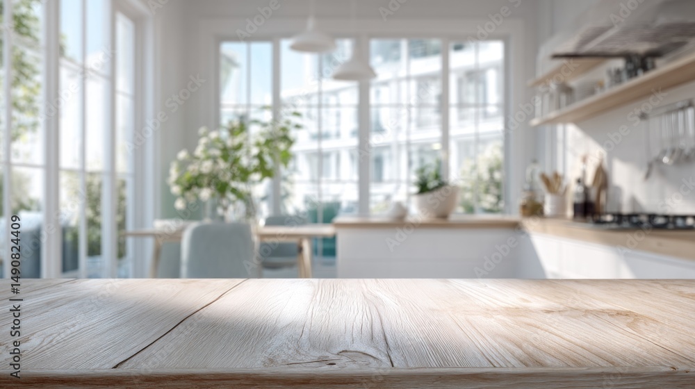 Fototapeta premium Light-filled modern kitchen, wooden table