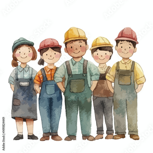 A Watercolor Illustration of a Friendly Team of Cartoon Workers