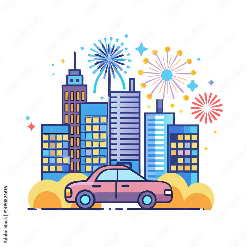 Fototapeta premium Cartoon City Skyline with Colorful Fireworks Celebration