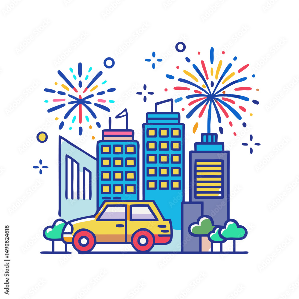 Fototapeta premium New Year Night City Skyline with Fireworks Illustration