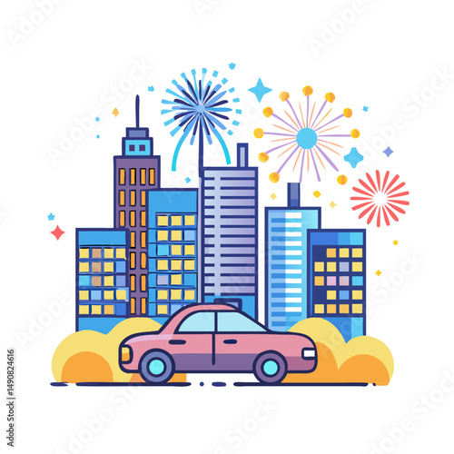 Cartoon City Skyline with Colorful Fireworks Celebration

