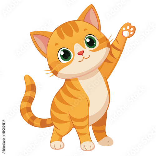A fluffy ginger kitten standing on its hind legs with a paw raised and a joyful expression on white background