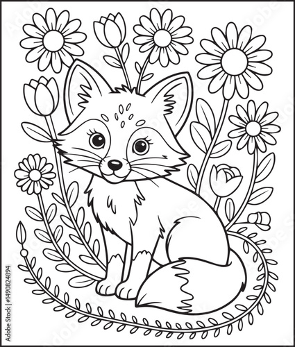Cute fox sitting on flower garden coloring page for kids
