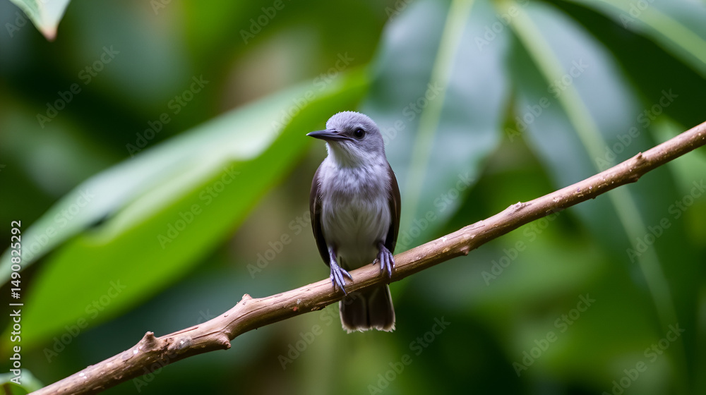 Fototapeta premium A young Tropical Pewee, Contopus cinereus, perching on a branch in the rainforest with leaves blurred in the background. A cute little gray bird.