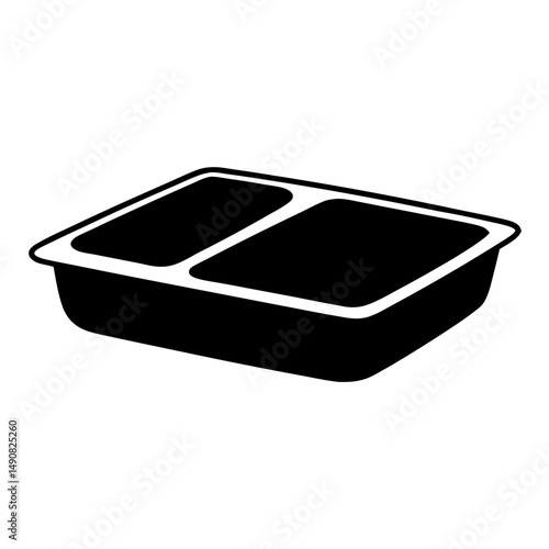 Black and white illustration of a two compartment food container tray