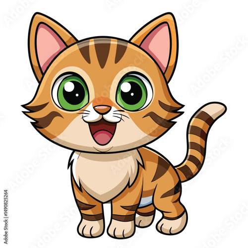 A cute tabby kitten with wide, excited eyes and an open mouth  on white background