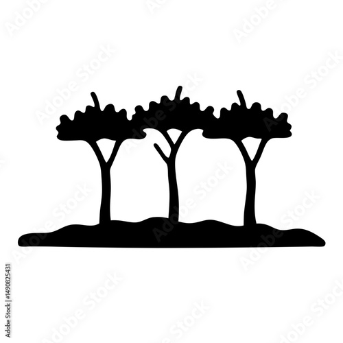 Black and white vector graphic of three stylized trees on land