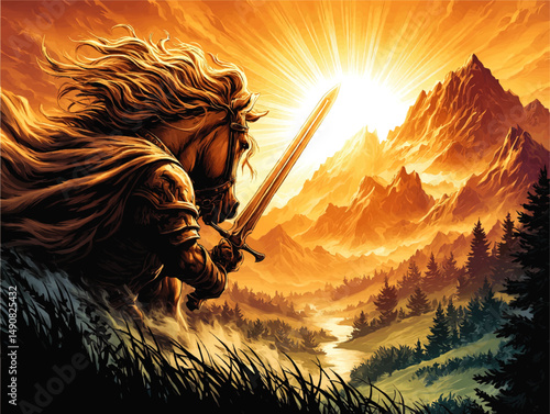 Epic Fantasy Warrior Horse Riding Knight with Sword Facing Sunrise Majestic Mountains Scenic Valley Landscape Vector Illustration Adventure Mythical Hero Concept Art