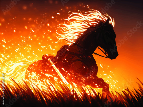 Epic Vector Illustration of Warrior Horse with Flaming Mane Charging Through Fire and Sparks with Sword in Dramatic Sunrise Battle Scene Fantasy Digital Artwork Design