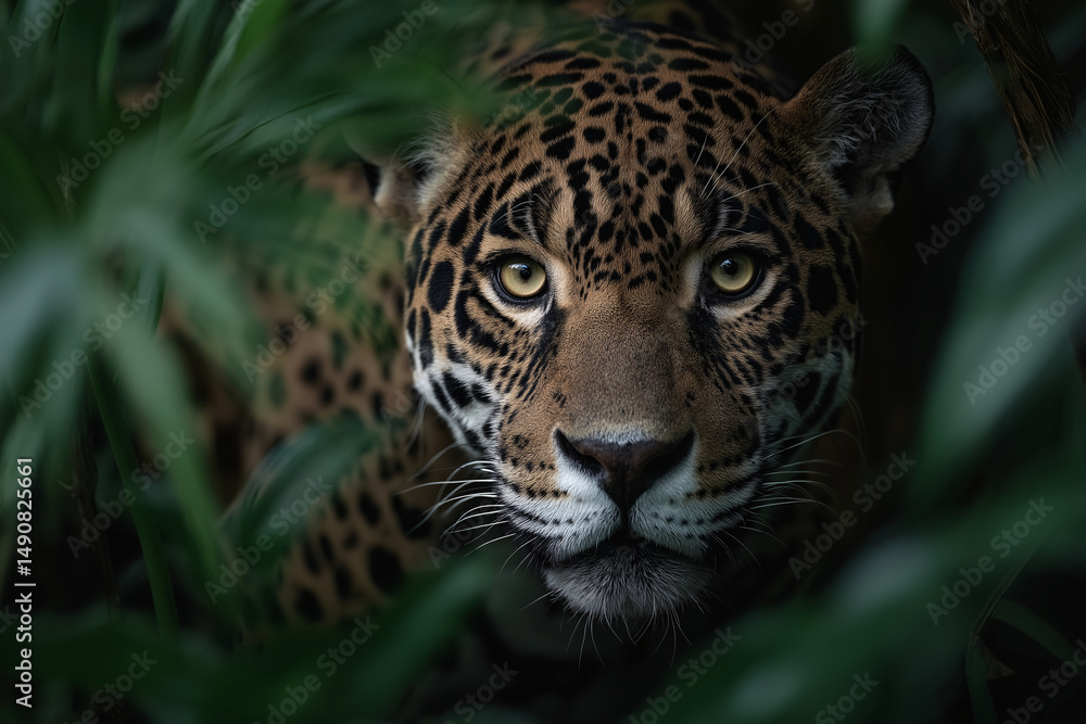 Obraz premium Powerful Jaguar Hiding in Dense Jungle Foliage with Intense Stare and Natural Light Focus