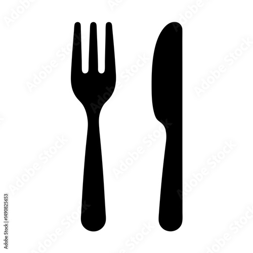 Simple black silhouette of a fork and knife for dining purposes