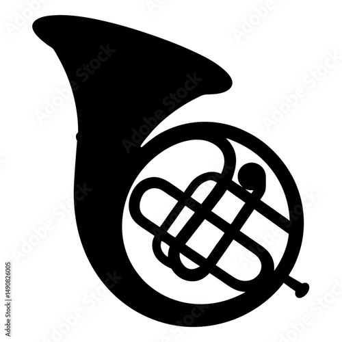Simple Black and White French Horn Silhouette on a White Background