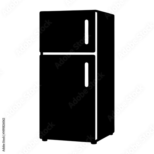 A striking black and white fridge illustration with top freezer compartment design