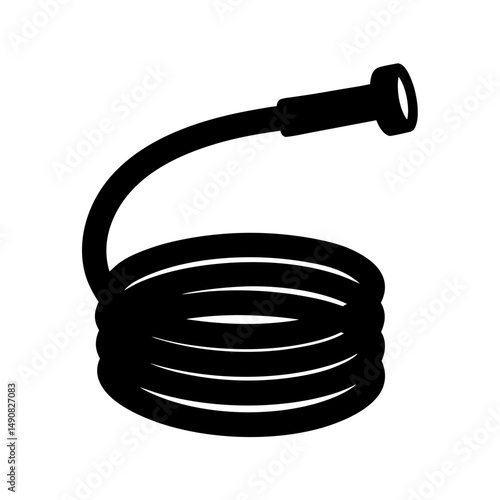 Black Silhouette Illustration of a Coiled Garden Hose with Nozzle Attached