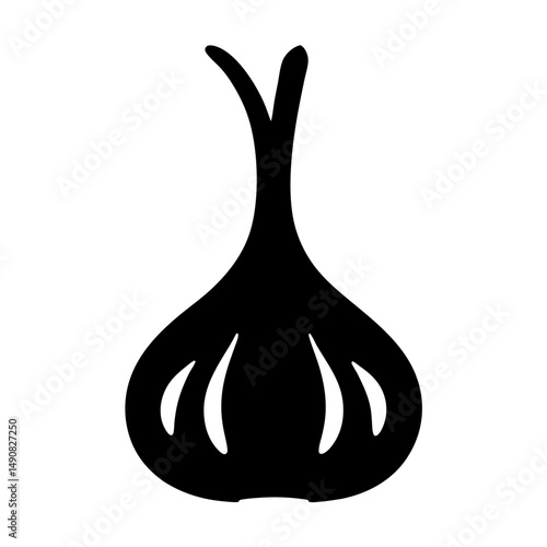 Minimalist black and white illustration of garlic bulb with sprouting stem