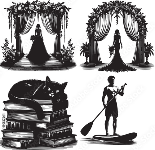 Black and white illustration featuring wedding scenes, cat on books, and paddleboarder