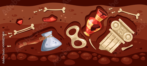 Archaeological excavation fossil ancient artifact concept. Vector graphic design illustration