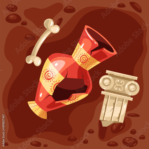 Archaeological excavation fossil ancient artifact concept. Vector graphic design illustration