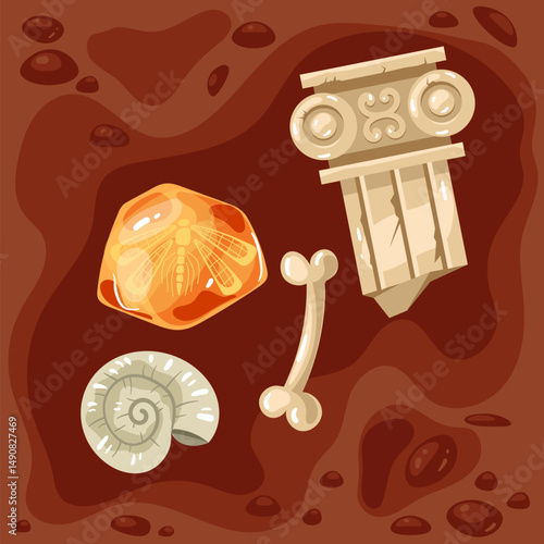 Archaeological excavation fossil ancient artifact concept. Vector graphic design illustration