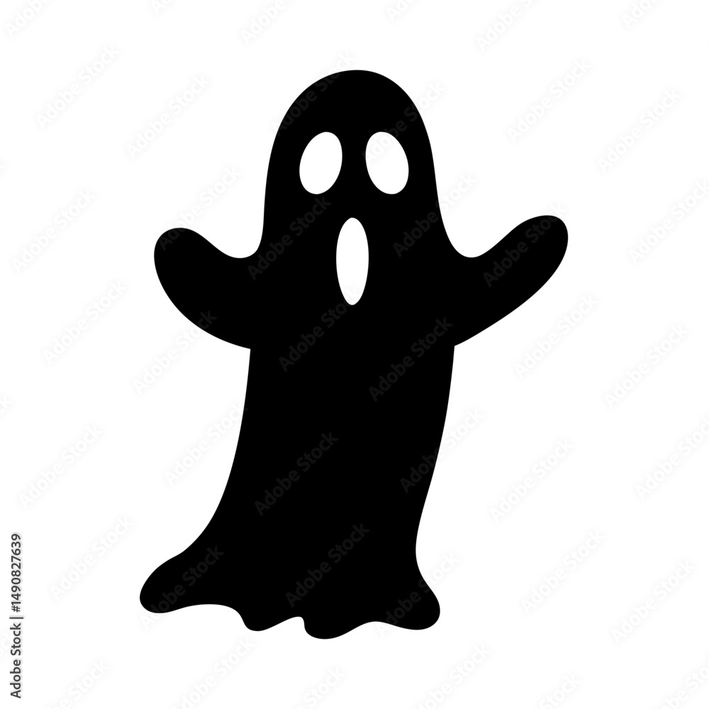 Spooky black ghost floating with its arms spread wide and a surprised look Spooky black ghost floating with its arms spread wide and a surprised look