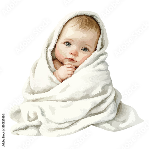 Adorable Baby Wrapped in Soft Towel Gazing Directly at the Viewer