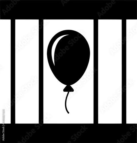 Minimalist black silhouette of a barred window with a balloon, symbolizing freedom from child labor, ideal for awareness and advocacy designs