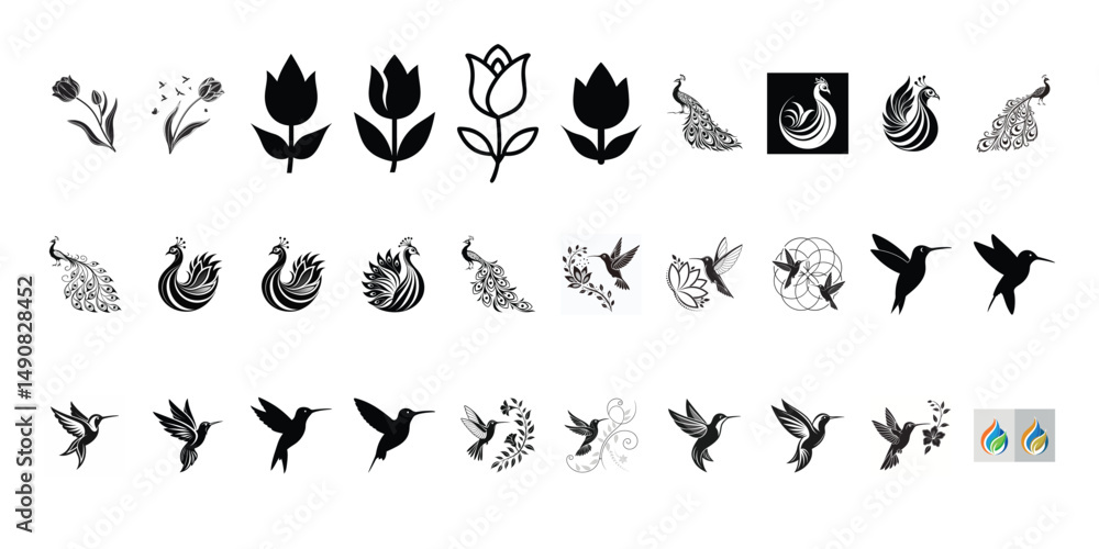 Fototapeta premium Floral and Bird Vector Icons – Hummingbird, Peacock, and Flower Silhouette Icon Set