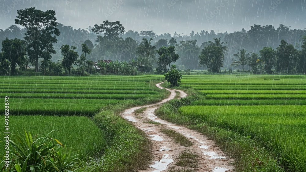 Obraz premium Heavy monsoon rain on green rural landscape and muddy road rain wallpaper 4k | rain aesthetic wallpaper 4k | rain frog | rain news weather report monsoon