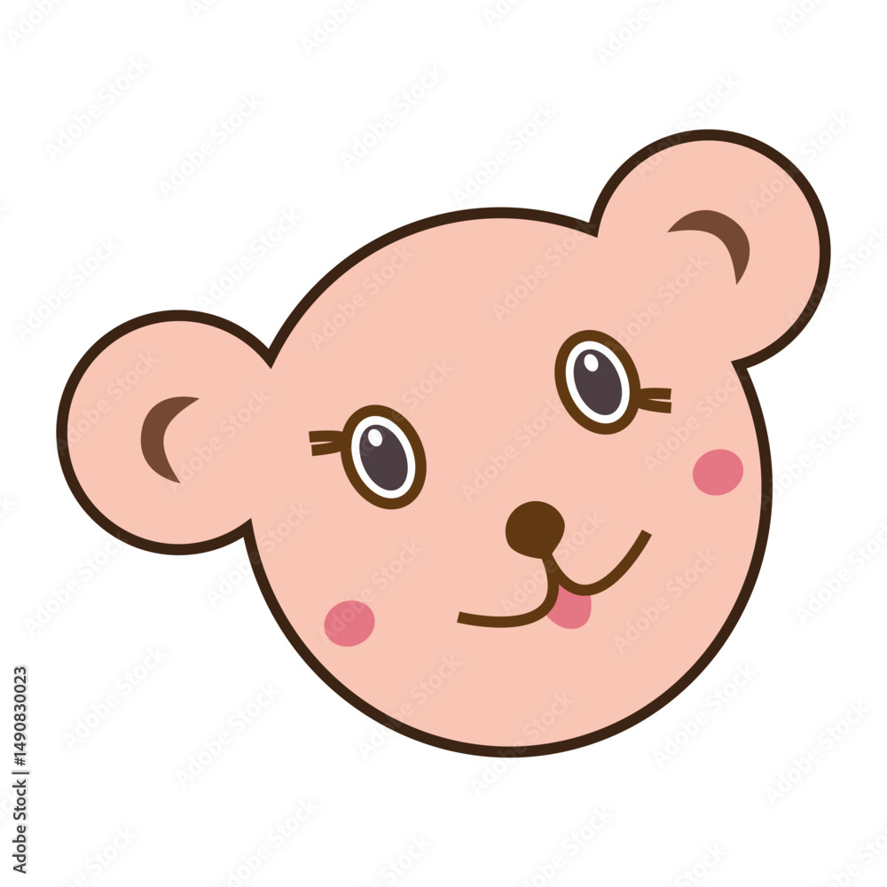 Fototapeta premium Smiling pink bear cartoon face with brown outline.