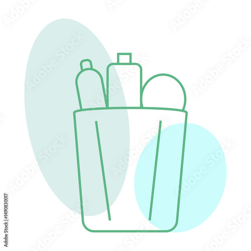 Minimal basket with toiletry bottles and soft background.