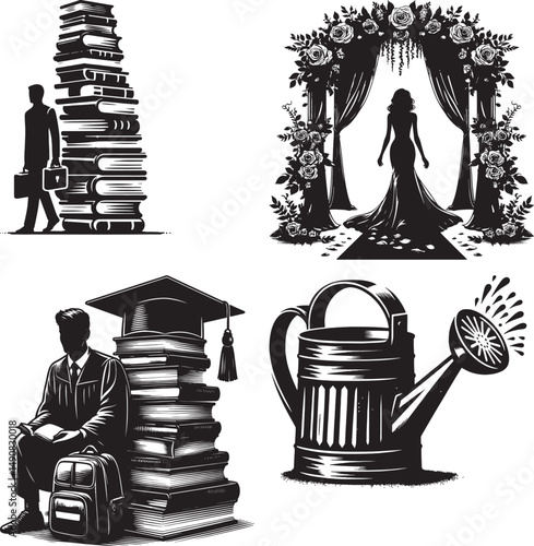 A compilation of education, career, marriage, and gardening themed black and white art