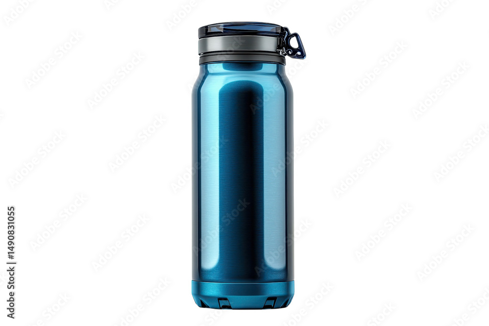 Sleek and stylish blue metallic water bottle embracing hydration and eco consciousness perfect on transparent background Sleek and stylish blue metallic water bottle embracing hydration and eco consciousness perfect on transparent background