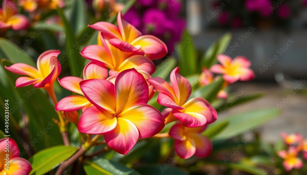 Naklejka premium Vibrant close-up of colorful frangipani blossoms in garden, red, summer
