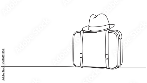 Suitcase topped with a hat, single continuous line for minimalist journey portrayal