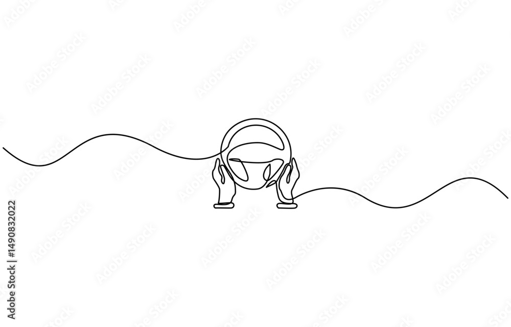 Obraz premium steering one line art drawing, hand holds the steering wheel - one line drawing. Concept of car interior, driving one hand, driving exam.
