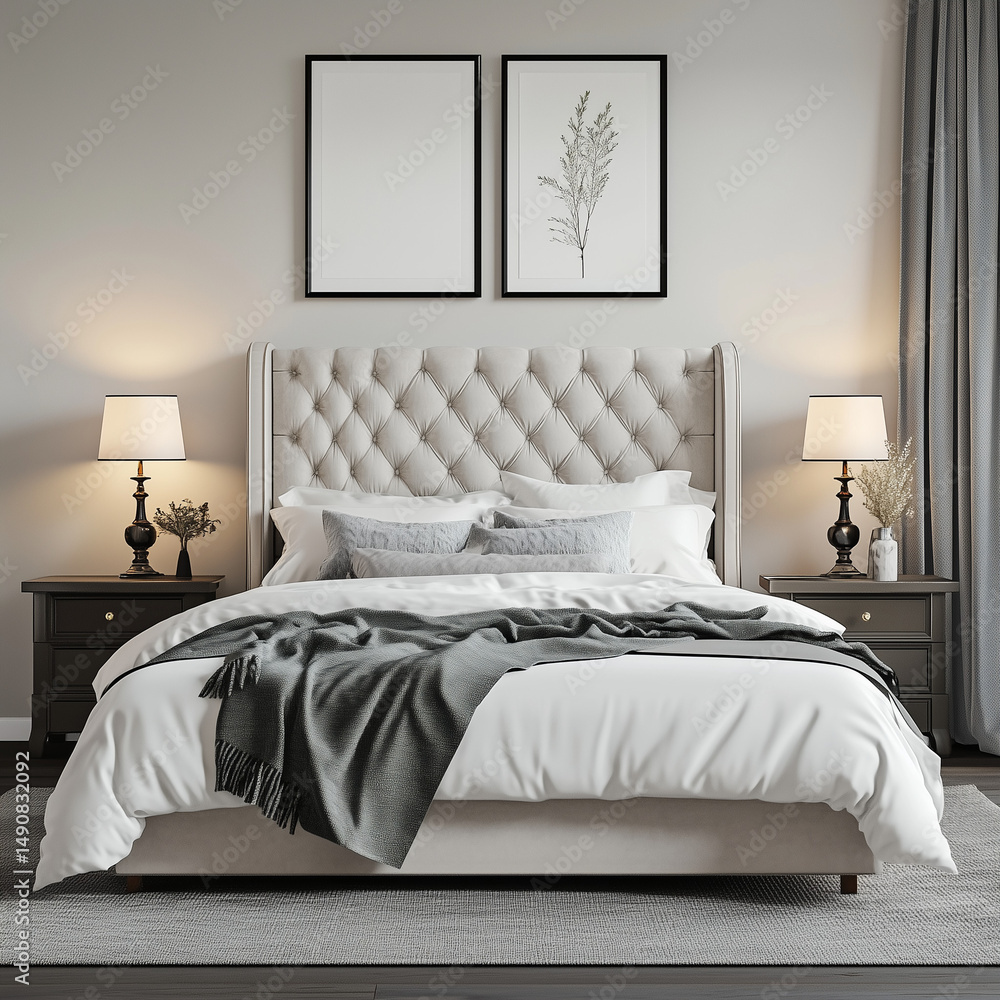 Fototapeta premium Luxurious bedroom with upholstered bed and stylish decor concept of mandala 